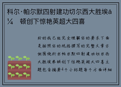 科尔·帕尔默四射建功切尔西大胜埃弗顿创下惊艳英超大四喜