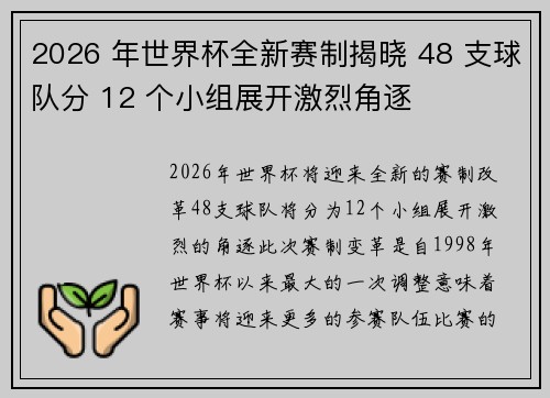 2026 年世界杯全新赛制揭晓 48 支球队分 12 个小组展开激烈角逐