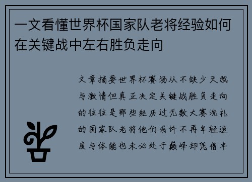 一文看懂世界杯国家队老将经验如何在关键战中左右胜负走向